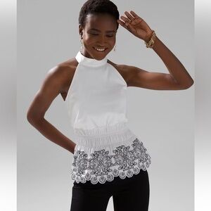 White House Black Market poplin embroidered cut out halter top